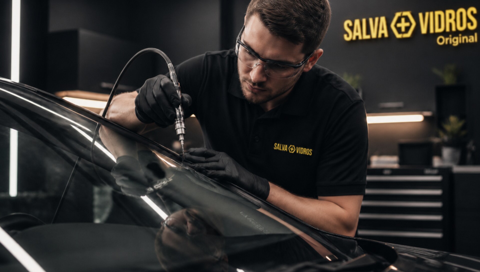 Detalhe cinematográfico do vidro de um superesportivo preto